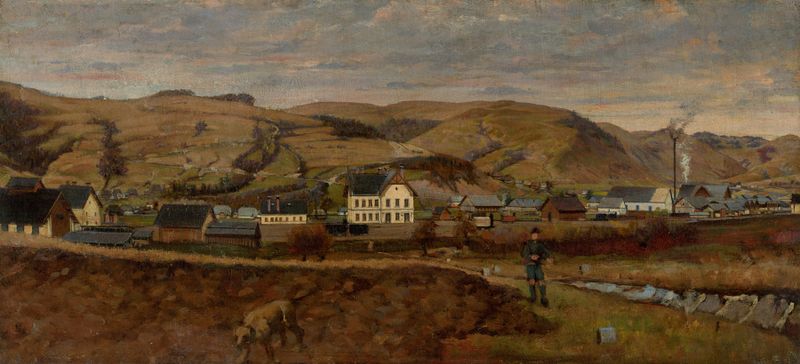 Pintura de paisagem a óleo de Eduard Hriňák mostrando montanhas e um céu sereno.