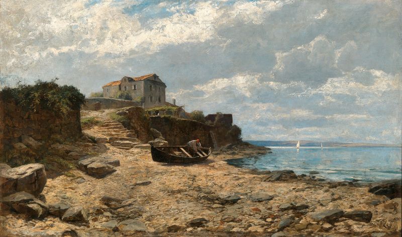 Fishermen on the Shore of Valascu de Alfred Zoff, pintura a óleo que mostra pescadores contra ondas tumultuosas.