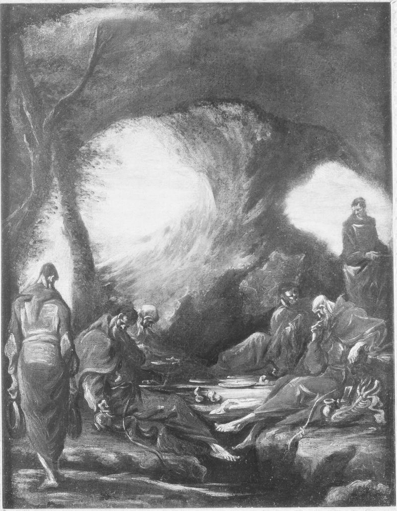 Cena religiosa com monges em uma gruta, pintura a óleo de Alessandro Magnasco