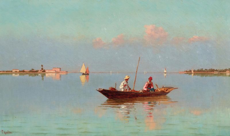 Oil painting of Venice, in the Lagoon by Pietro Galter, depicting a serene landscape with water and skyline.