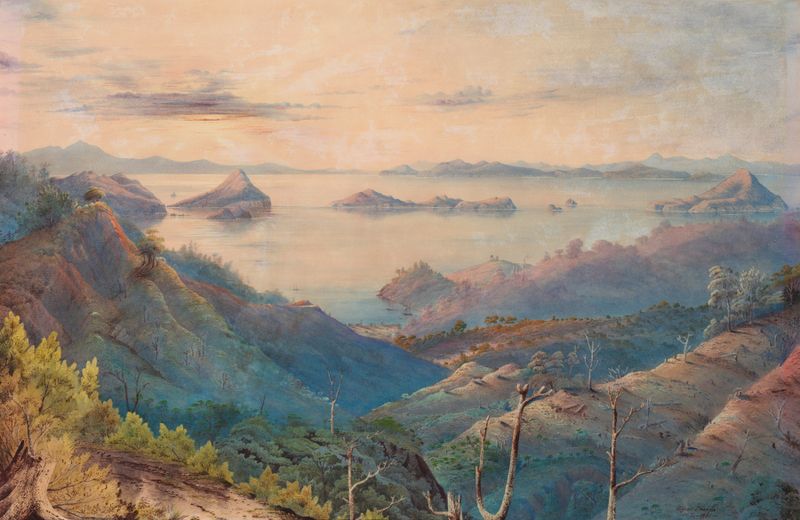 Sunset on the Kikowhakarere Gorges, óleo sobre tela de Alfred Sharpe