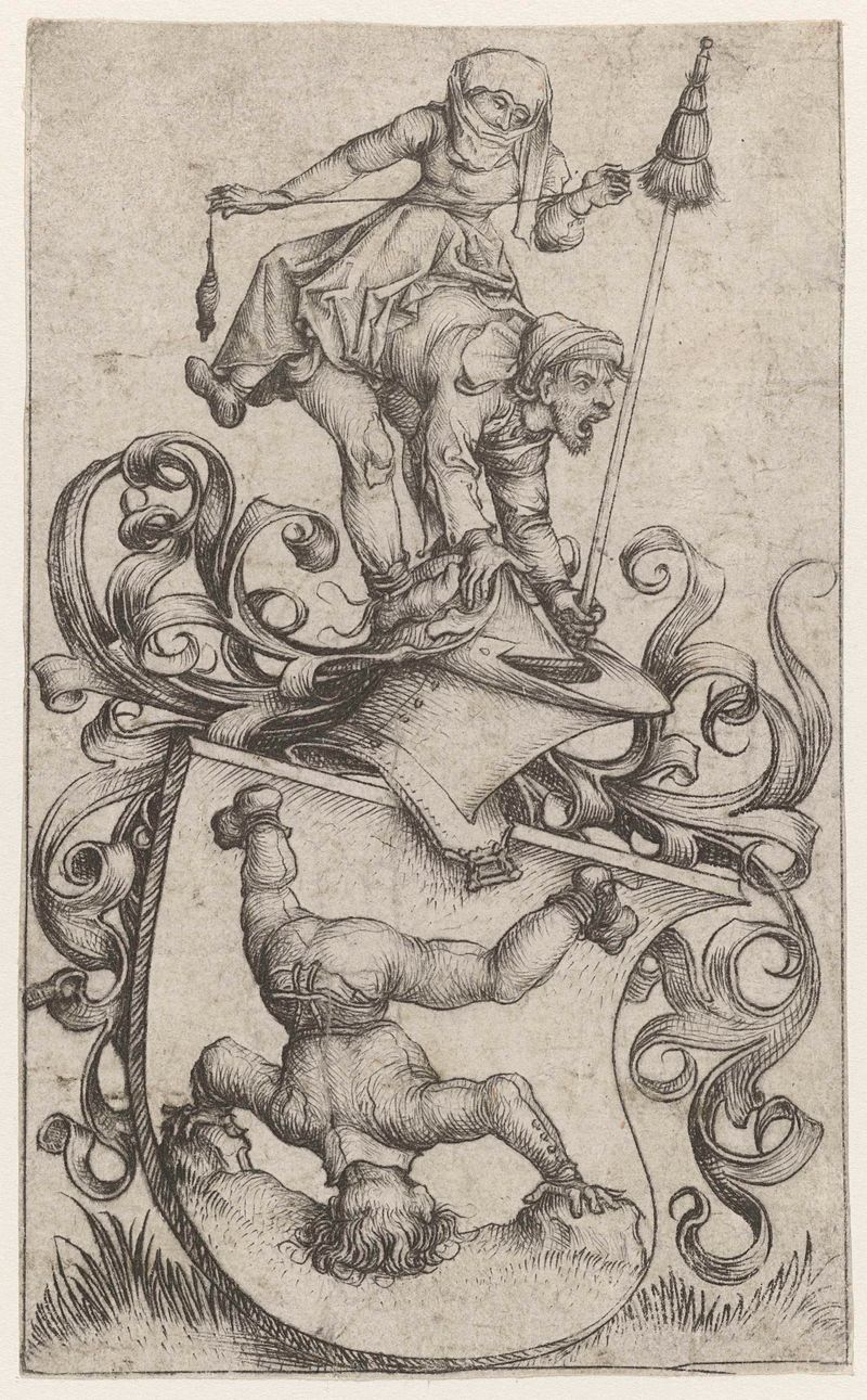 Escudo de armas con un campesino de cabeza, aguatinta de Meester van het Amsterdamse Kabinet