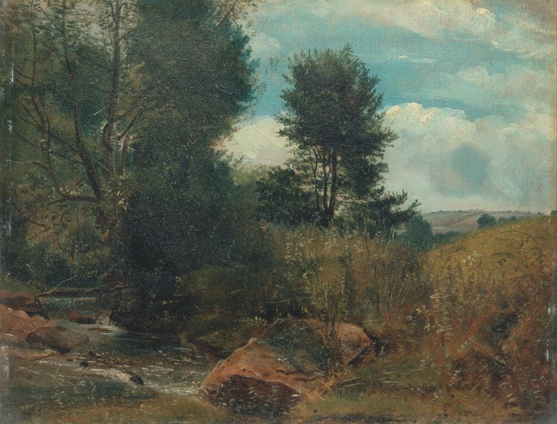 River Sid landscape with reflections, oil on canvas by Lionel Constable