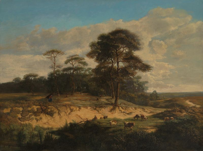 Paisagem perto de Kalmthout de Lodewijk Juliaan Fuchs, pintura a óleo que mostra vegetação e céu.