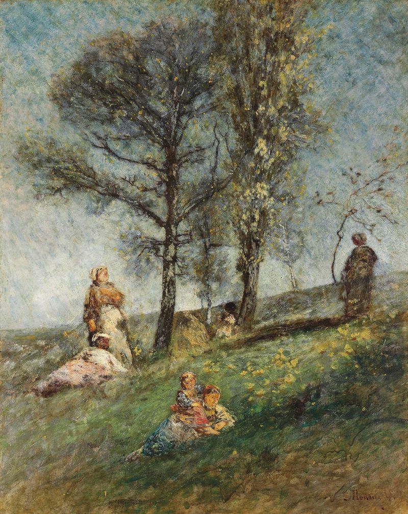 A Young Family Under Trees On A Hill by Adolphe Monticelli, oil painting depicting a family under trees.