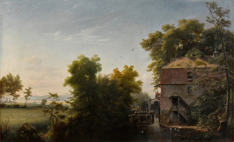 The Water Mill at Heilsberg by Eduard Gaertner, oil painting of a water mill beside a river.