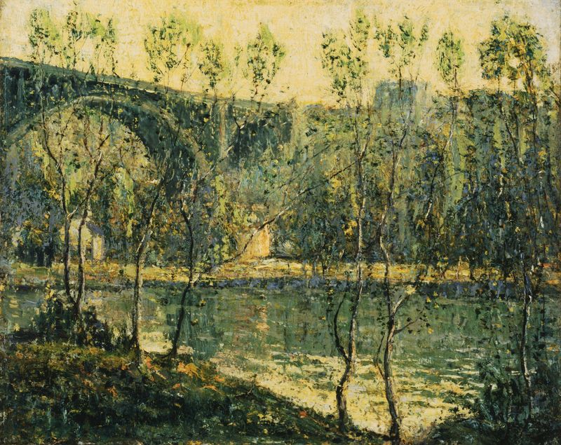 Primavera Manhã, óleo sobre tela de Ernest Lawson que retrata uma paisagem tranquila com colinas e luz da manhã.