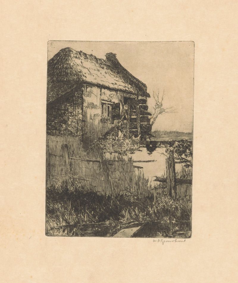 Paisagem de um celeiro no campo, pintura a óleo de Willem Adrianus Grondhout