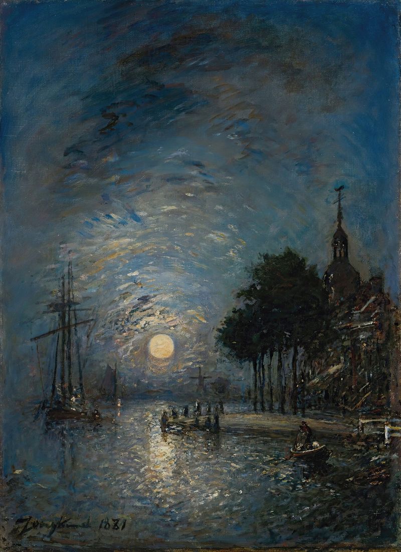 Le Port De Dordrecht Au Crépuscule de Johan Barthold Jongkind, pintura a óleo de um porto ao crepúsculo.