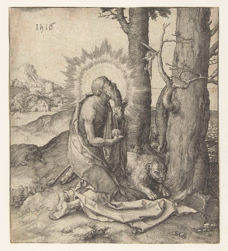 Gravura de São Jerônimo por Lucas van Leyden, mostrando roupas intrincadas e profunda contemplação.