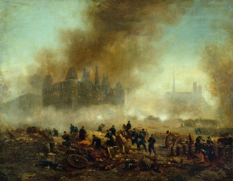 Historical scene of L’Hôtel de Ville on fire, oil painting by Gustave Boulanger