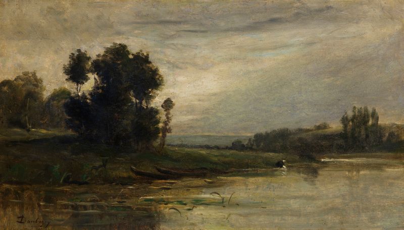 Bords de l’Oise by Charles François Daubigny, oil painting depicting a riverbank with foliage.