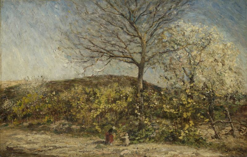 Landschap met bloeiende boomgaard by Adolphe Monticelli, oil painting featuring vibrant blossoms and lush greenery.