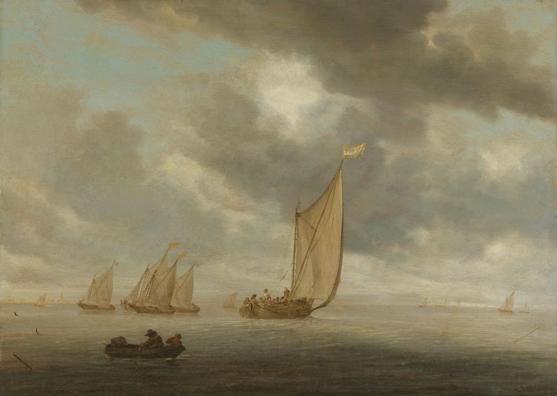 Veleiros em um corpo de água interior, pintura a óleo de Salomon van Ruysdael