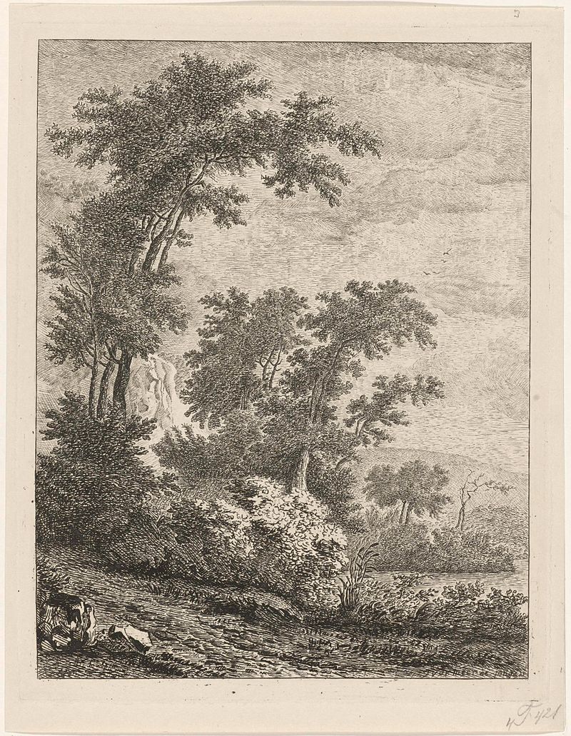 Landschap met hoge bomen, etching by Reinierus Albertus Ludovicus baron van Isendoorn à Blois