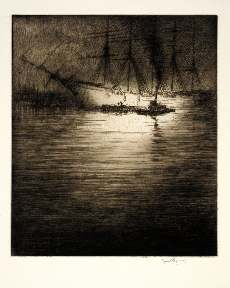 Night Loading de Kerr Eby, grabado que representa figuras en sombras y luz parpadeante