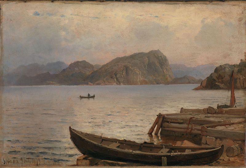 Paisaje del río de Carl Frederik Sørensen, pintura al óleo que representa árboles y reflejos en el agua