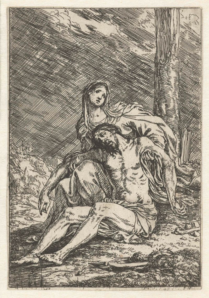 Etching by Jonas Umbach depicting Mary cradling Christ's body, filled with sorrow.