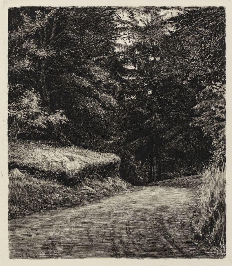 Forest pathway with dappled sunlight, oil painting by Carl Bloch