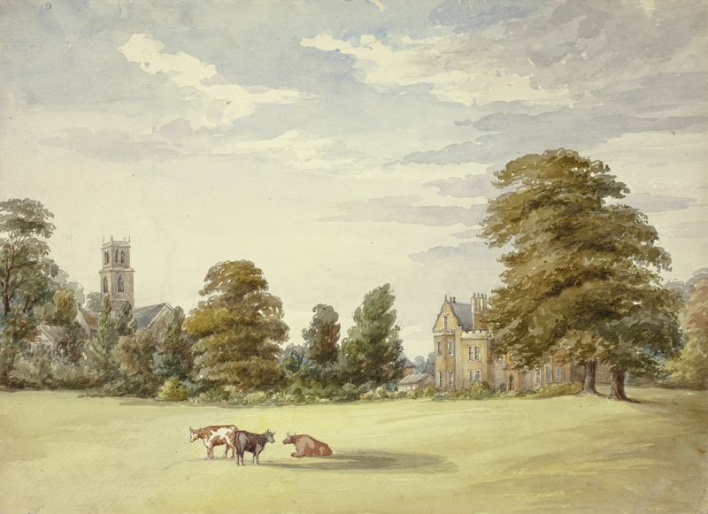Cows before Manor House and Church, pintura a óleo de Elizabeth Murray