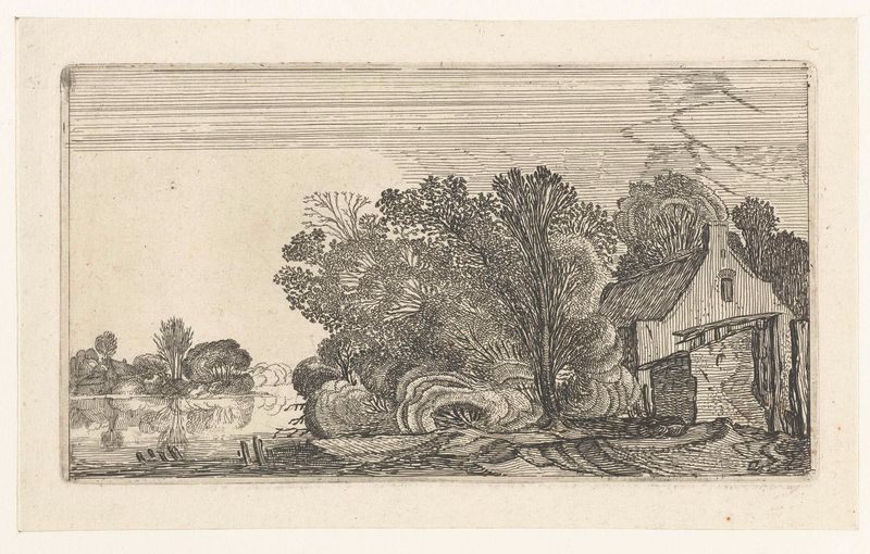 Gravura de Unknown Artist mostrando uma fazenda à beira de um rio cercada por árvores.
