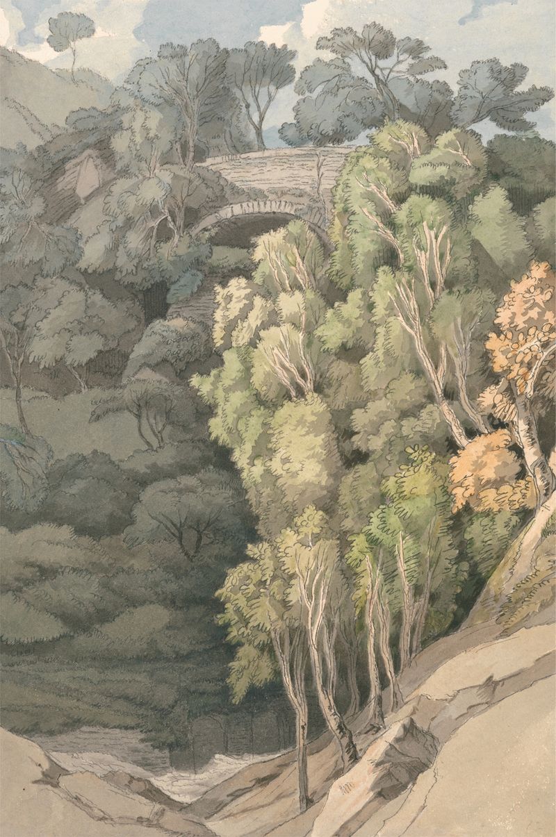 Devil’s Bridge by Francis Towne, landscape with stone arch over a river, oil painting