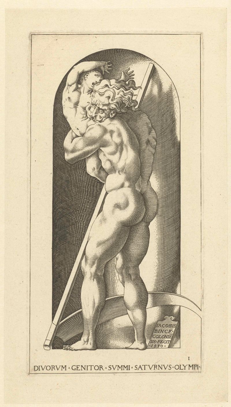Engraving by Jacob Binck depicting Saturn in anguish over his child.