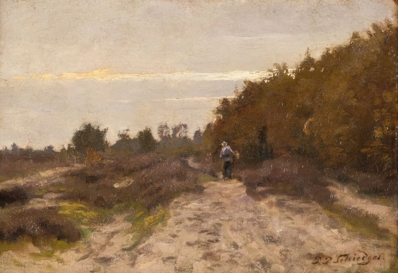 Peasant woman in dune de Petrus Paulus Schiedges II, pintura al óleo que representa un paisaje sereno.