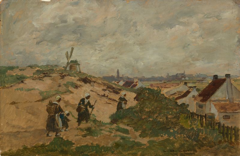 Holländische Dünenlandschaft de Ludwig Dill, óleo sobre lienzo que representa colinas de arena y un cielo tranquilo.
