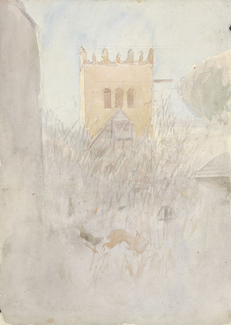 Paisagem com uma torre do sino em Strážky II de Ladislav Mednyánszky, pintura a óleo