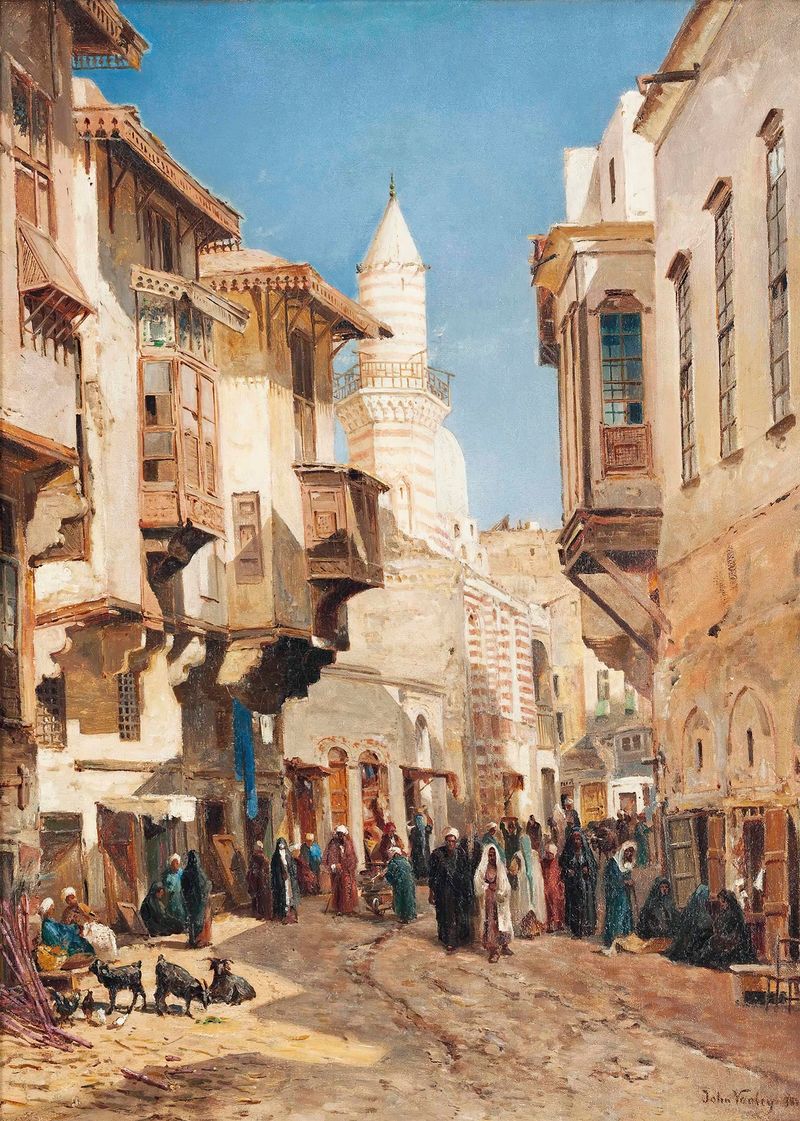 watercolour by John Varley the Younger depicting a bustling street before the mosque of Emir Mindar in Cairo