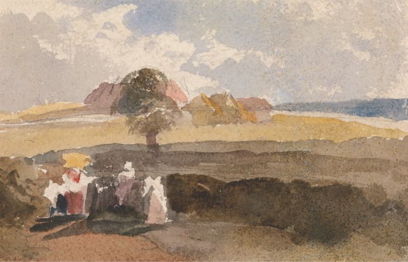 Paisaje con figuras en primer plano, acuarela de Peter DeWint