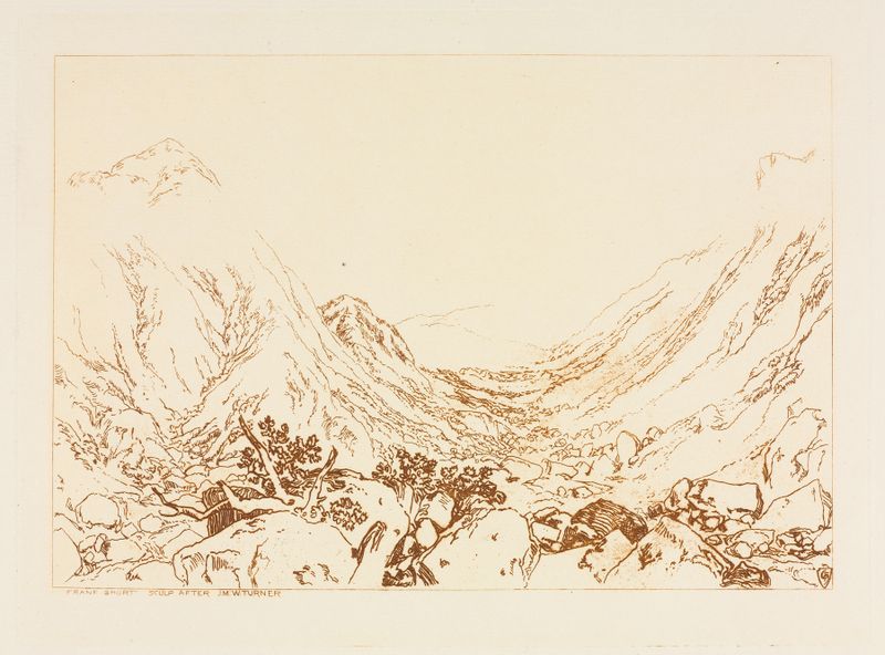 Paisagem de Ben Arthur, Escócia, por Sir Frank Short, pintura a óleo com águas calmas e montanhas.