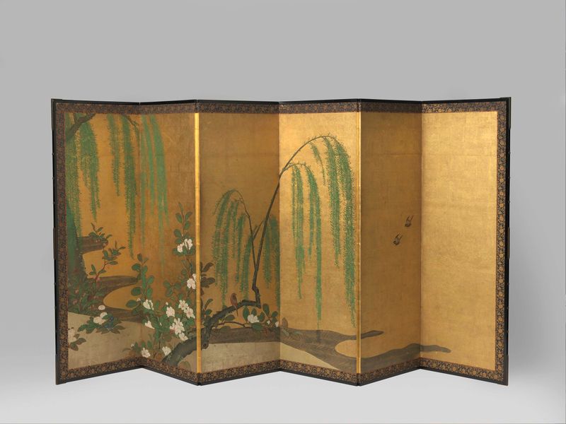 Biombo japonés que representa la primavera con ramas de prunus y agua, por Unkoku, papel