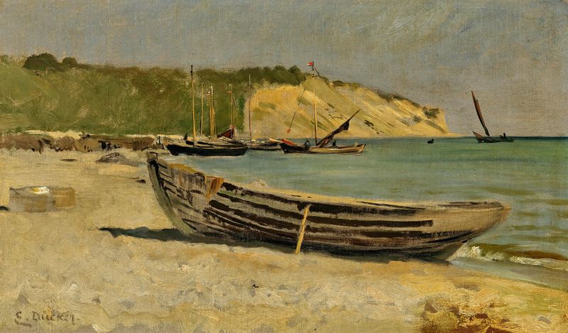 Escena marina con barcos en la orilla, pintura al óleo de Eugen Gustav Dücker