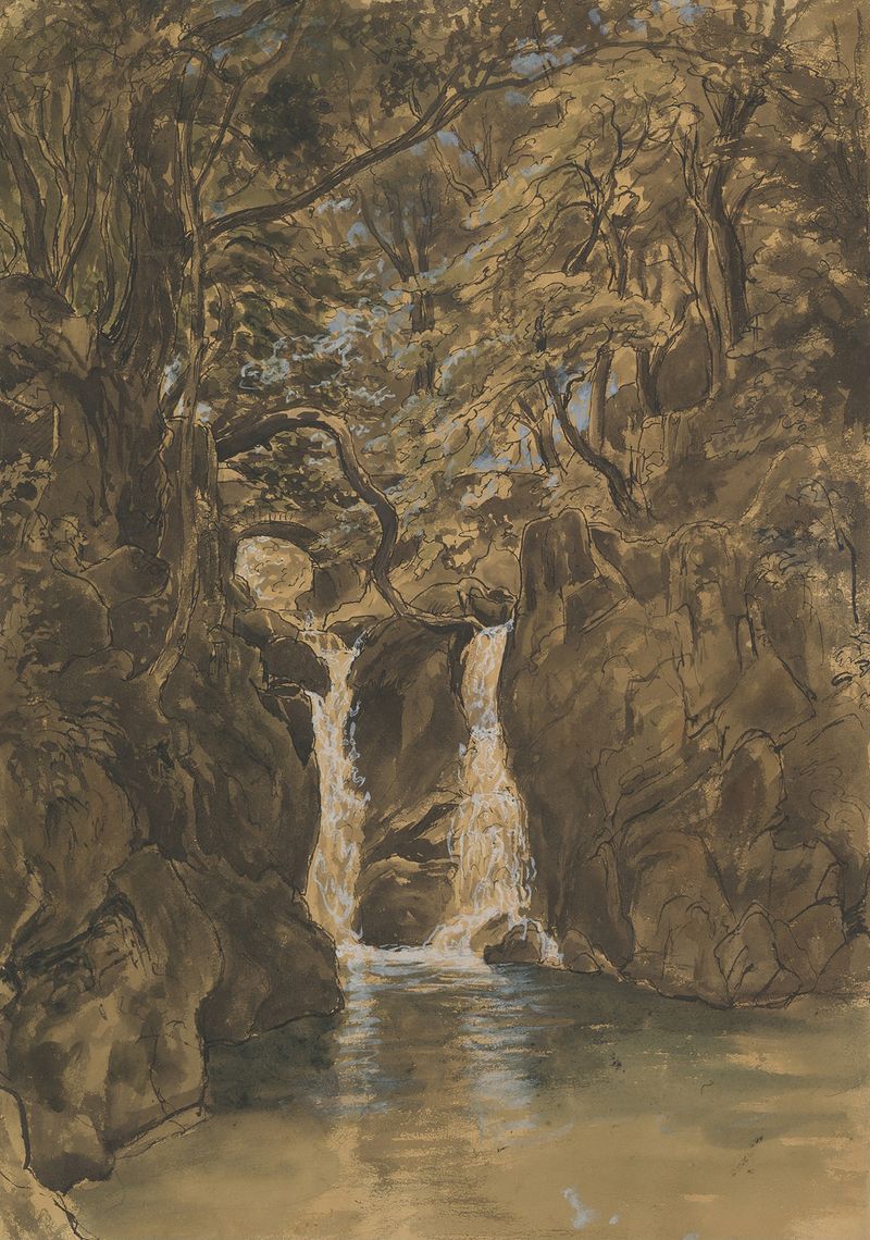 A View of Lower Rydal Falls, oil on canvas by Thomas Fearnley, depicting a waterfall and tranquil forest.