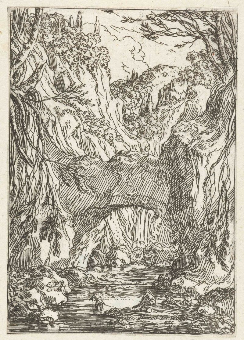 Gravura de Jonas Umbach apresentando uma paisagem com uma ponte de rocha e um rio