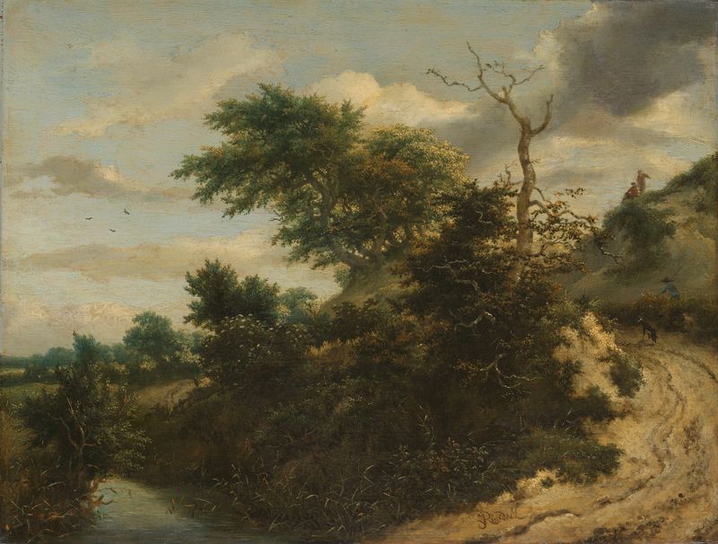 Sandy Track in the Dunes, pintura al óleo de Jacob van Ruisdael, con un camino de arena y vegetación.