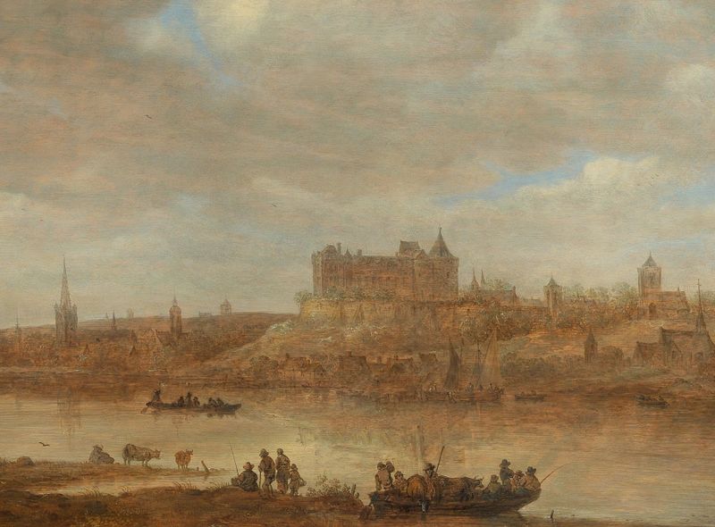 Un paisaje fluvial con un ferry y un castillo junto a un pueblo más allá, pintura al óleo de Jan van Goyen