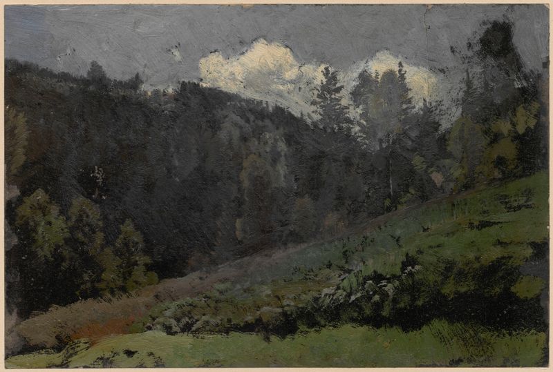Montaña Slope de Adolf Dressler, Romanticismo, que representa un paisaje brumoso con picos irregulares.