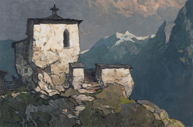 Bergkapelle by Oskar Mulley, oil on canvas depicting a chapel against mountains