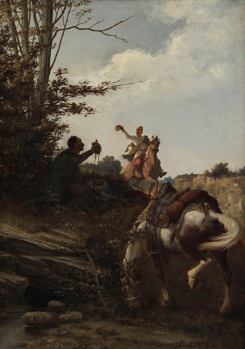 Meeting of Horsemen, óleo sobre tela de Alfons Borkowski-Dunin, retratando cavaleiros em um tranquilo bebedouro.