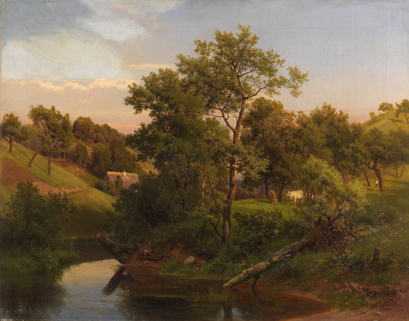 Landscape oil painting by Eduard Leonhardi depicting a farmhouse and cattle.