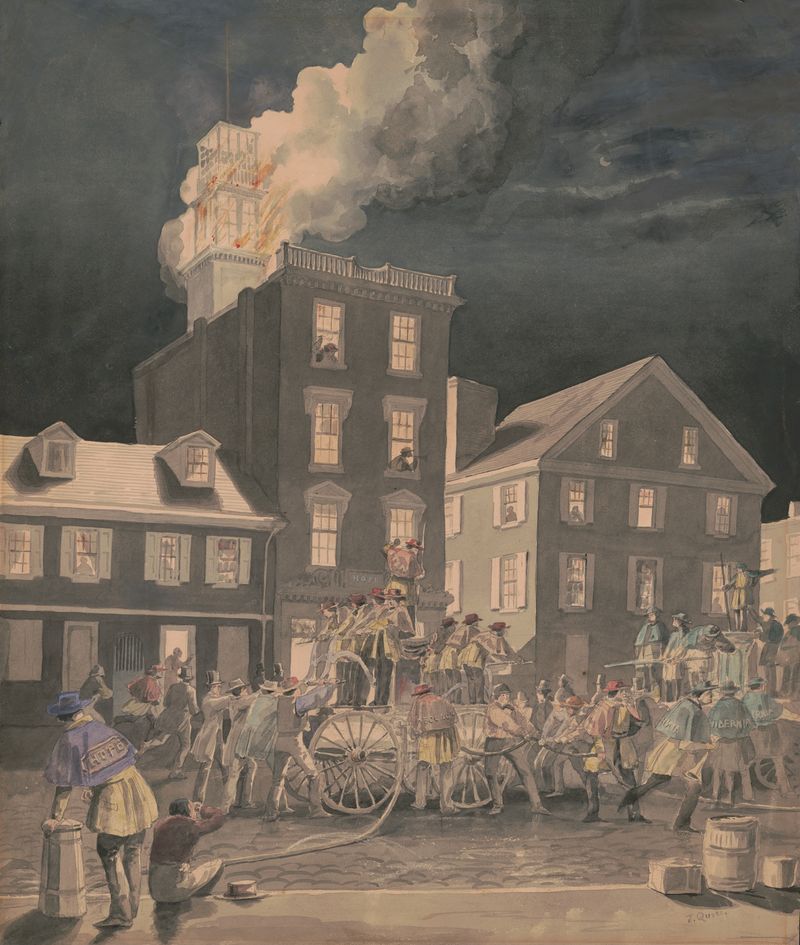 Fire in Philadelphia by James Fuller Queen, depicting a city engulfed in flames and smoke, medium unknown.