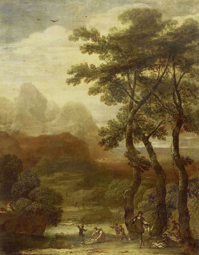 Paisaje con Cazadores, óleo sobre lienzo de Ignacio de Iriarte, que muestra colinas y cazadores.
