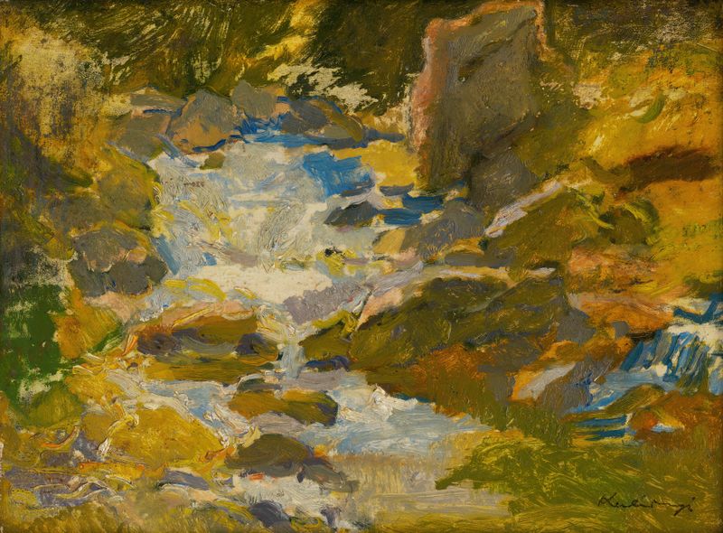 Forest Brook by Alexander Kubínyi, impressionism, depicting a flowing brook in a lush forest