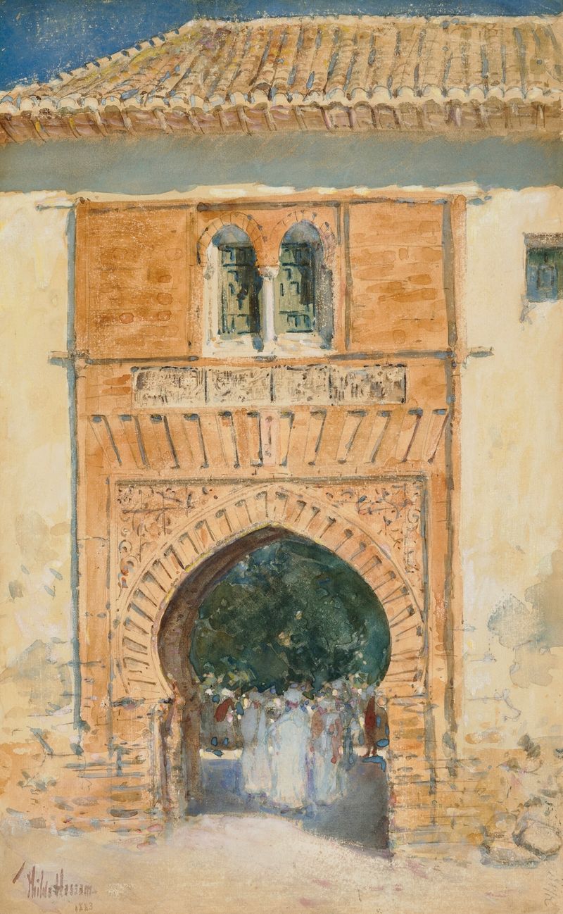 Puerta de la Alhambra de Childe Hassam, óleo sobre lienzo con arcos intrincados y patrones florales.