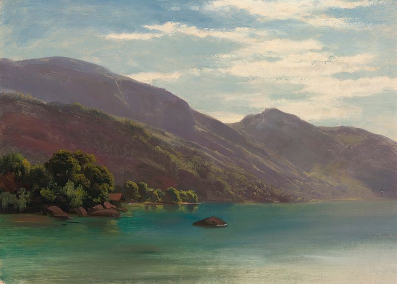 Vierwaldstättersee oil painting by Robert Zünd depicting Lake Lucerne with mountains and reflections.