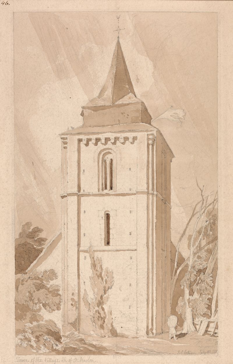 Aquarela de John Sell Cotman retratando uma torre de igreja na Normandia