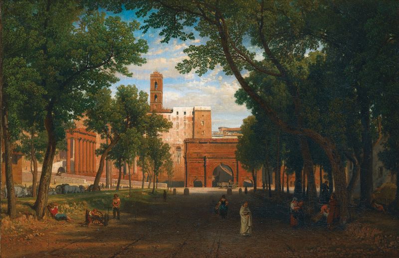 Vista del paisaje con ruinas antiguas y columnas, pintura al óleo de Eugène-Ferdinand Buttura